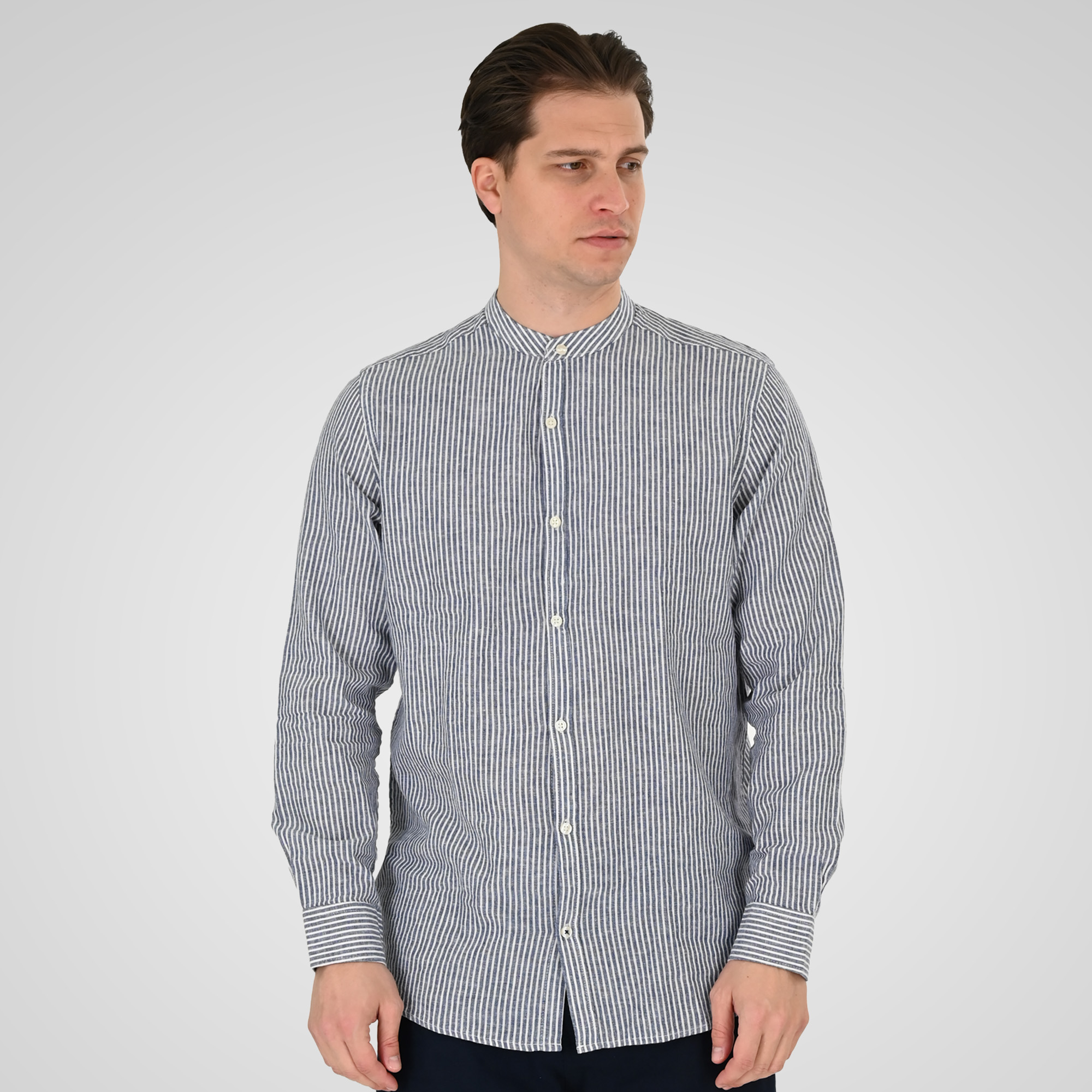 Double Λινό Πουκάμισο 261GS-5195 Blue-White