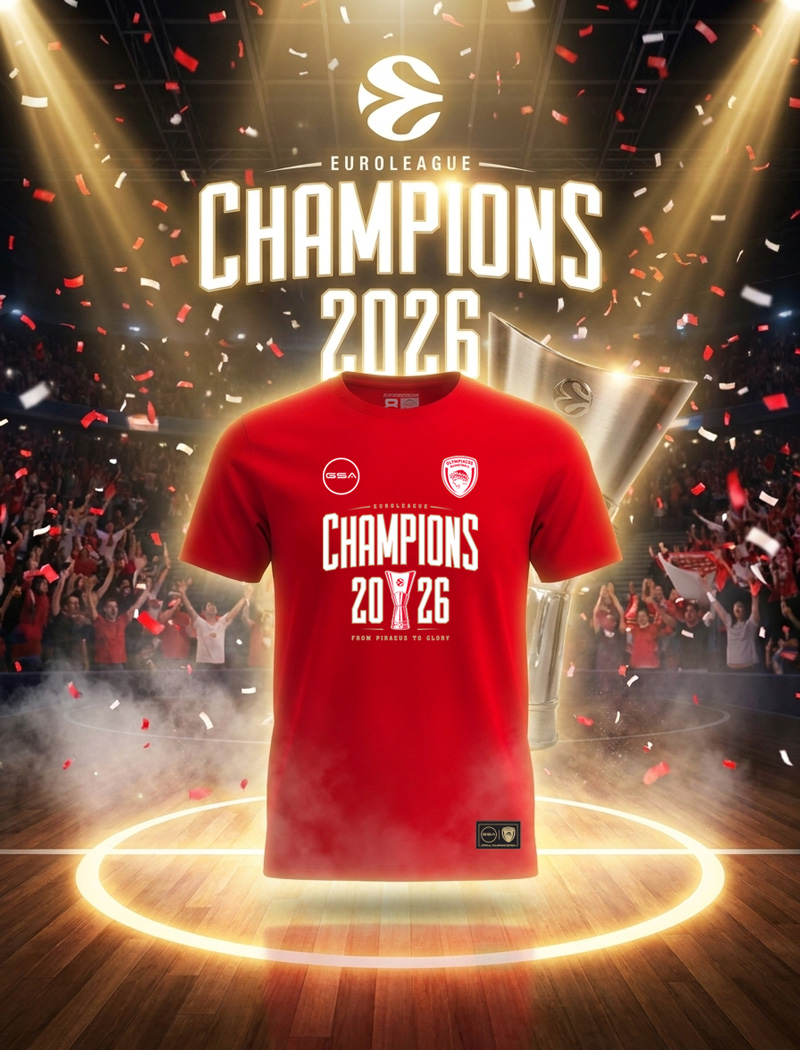 GSA Olympiacos B.C. Official T-Shirt Euroleague Champions 2026 GT42554 GSA Olympiacos B.C. Official T-Shirt Euroleague Champions 2026 GT42554